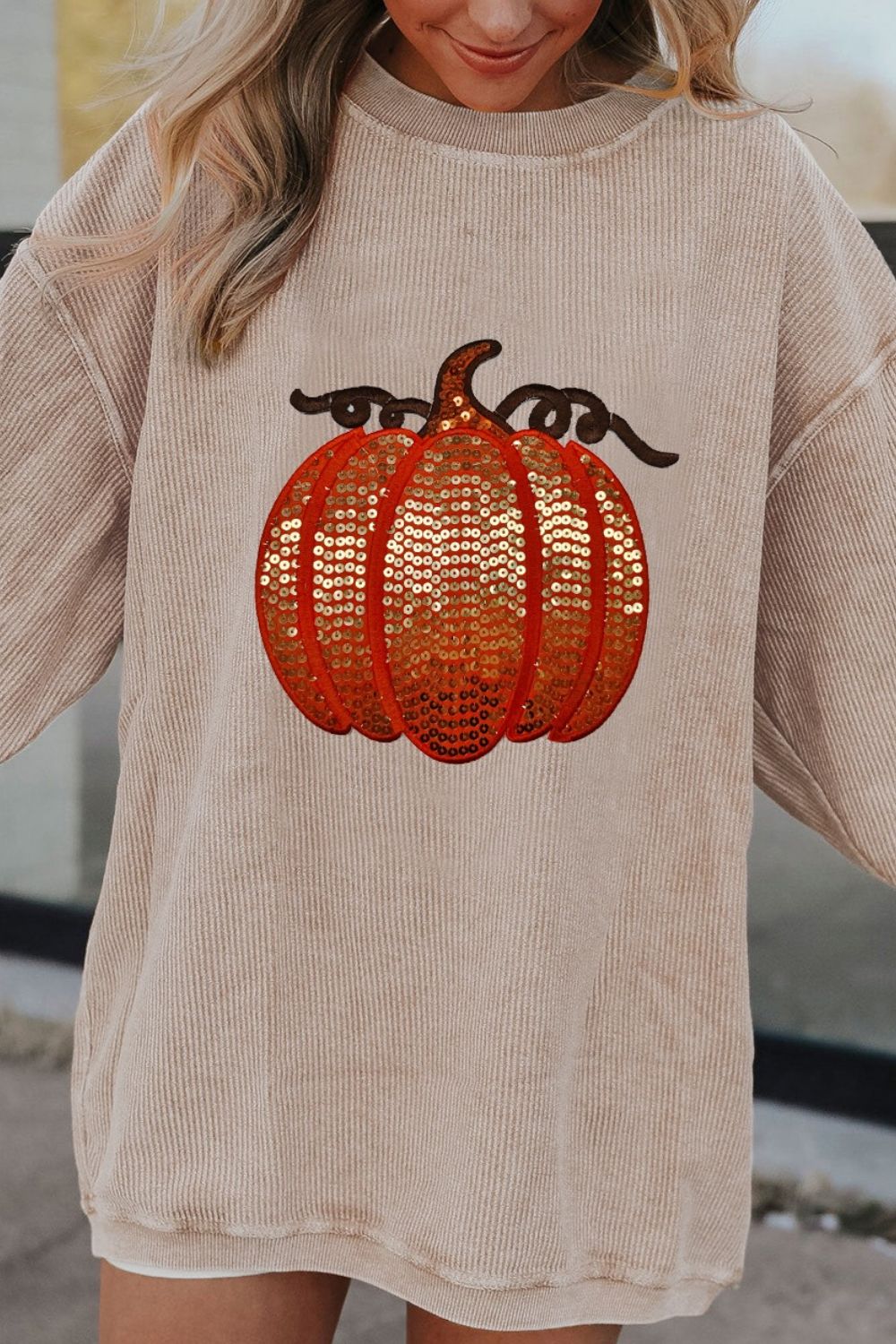 Sequin Pumpkin Round Neck Long Sleeve Sweatshirt