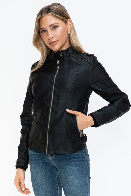 PU Leather Biker Jacket with Side Zip Pockets