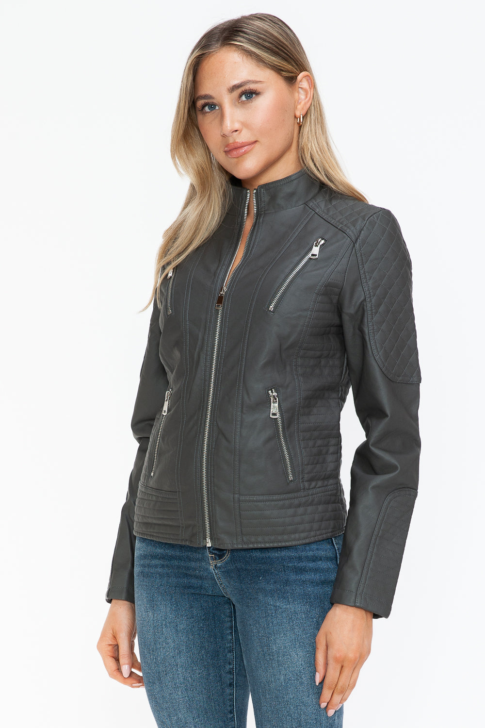 Faux Leather Zip Up Mock Neck Jacket