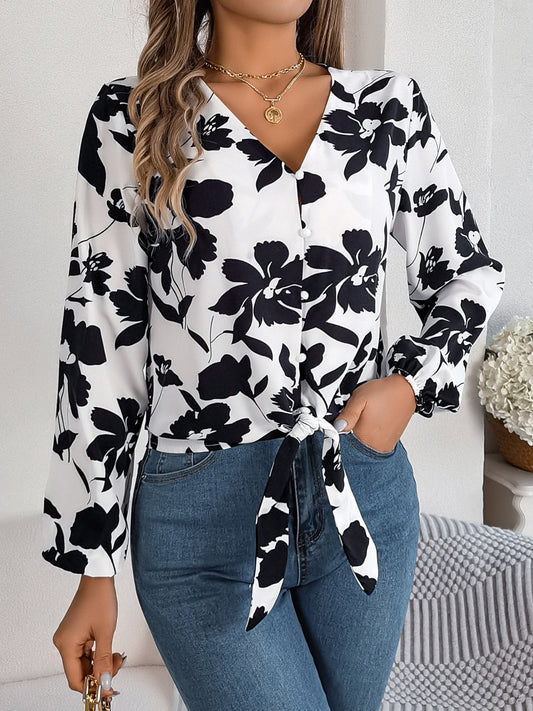 Printed V-Neck Long Sleeve Blouse