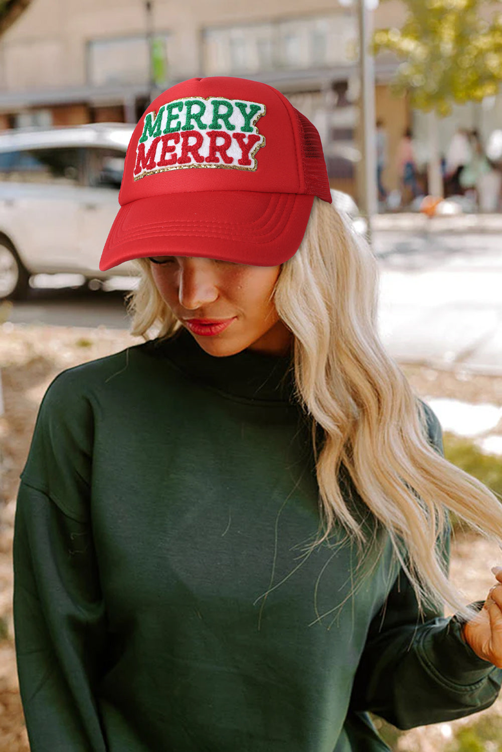 Fiery Red MERRY Patched Detail Christmas Baseball Cap