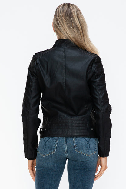 PU Leather Biker Jacket with Side Zip Pockets