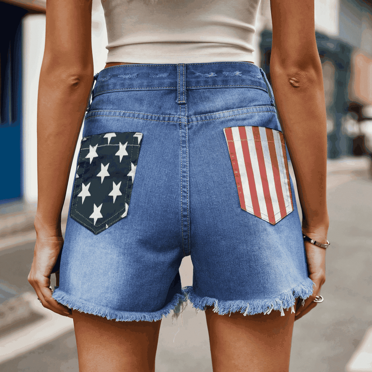 USA Flag Distressed Denim Shorts