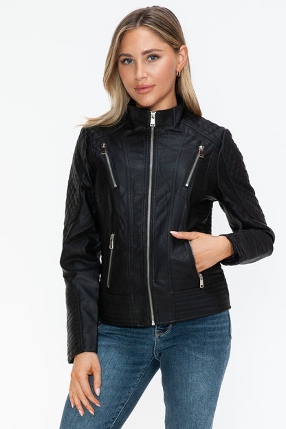 Faux Leather Zip Up Mock Neck Jacket