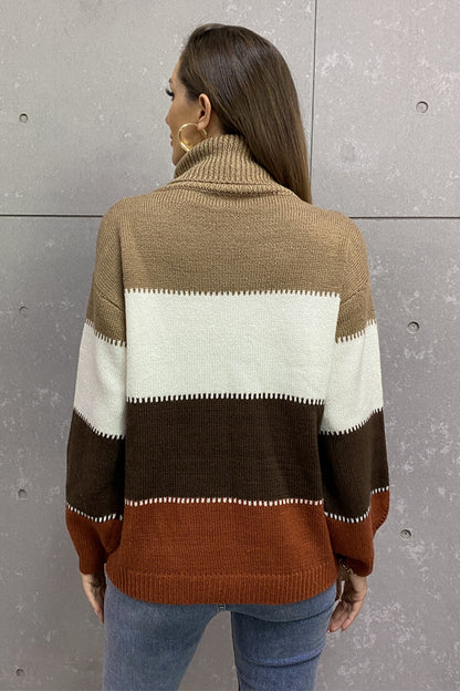 Angel Wings Color Block Lantern Sleeve Turtleneck Sweater