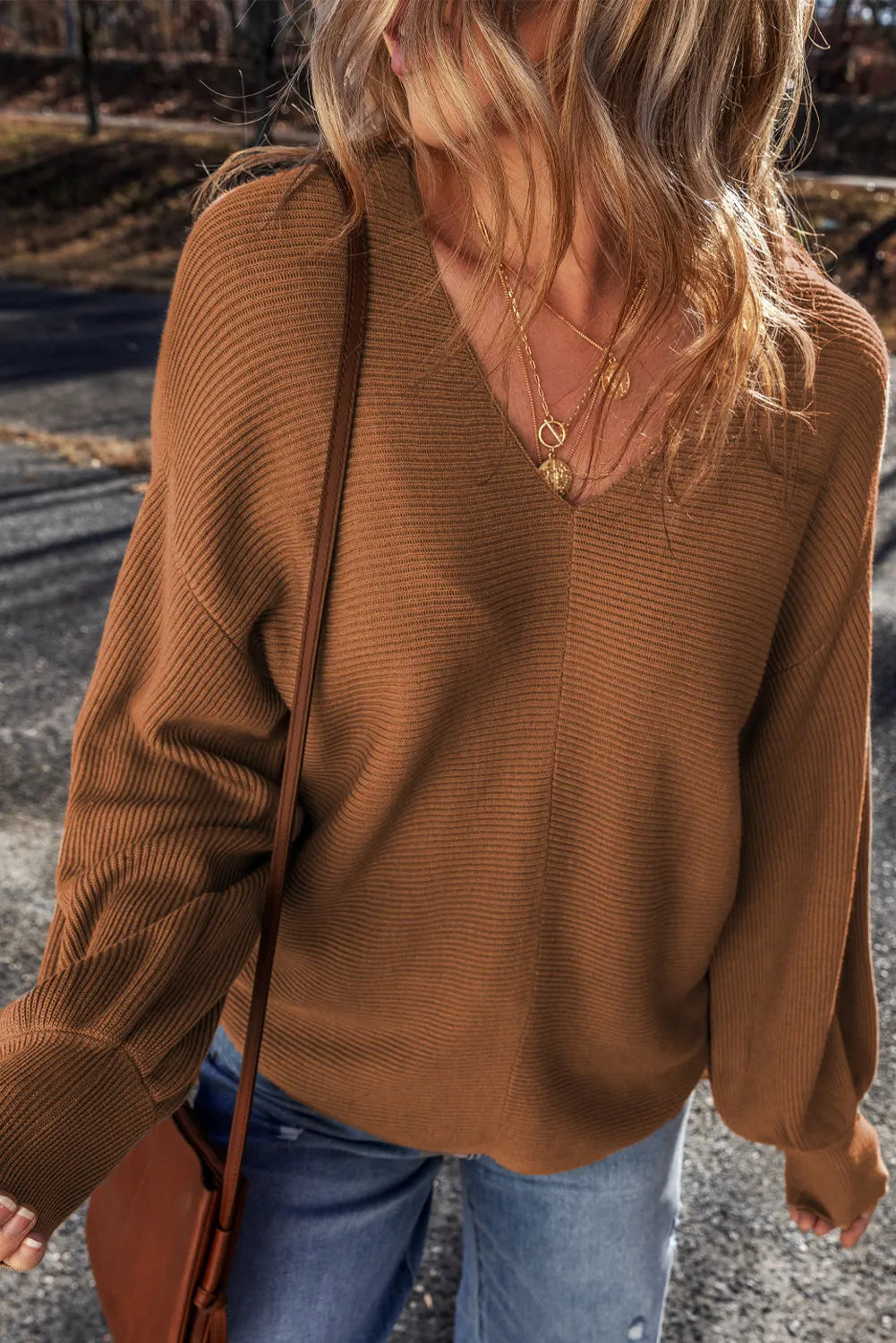 V-Neck Dropped Shoulder Long Sleeve Sweater