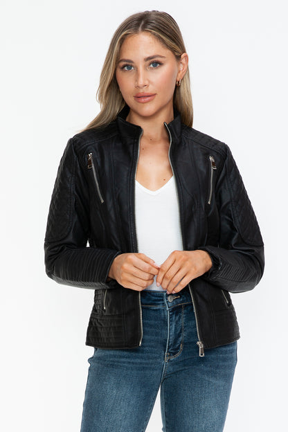 Faux Leather Zip Up Mock Neck Jacket