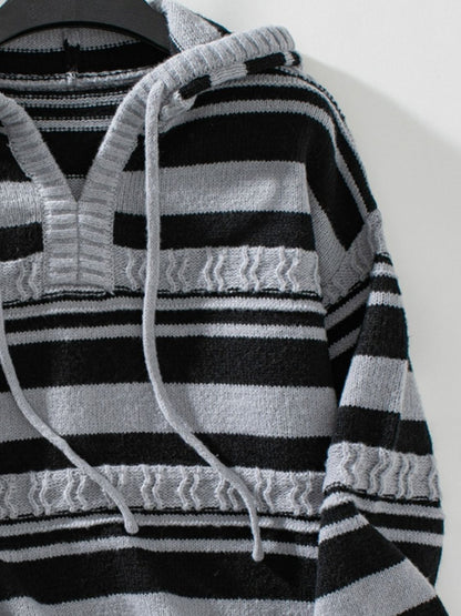 Drawstring Striped Long Sleeve Hooded Sweater