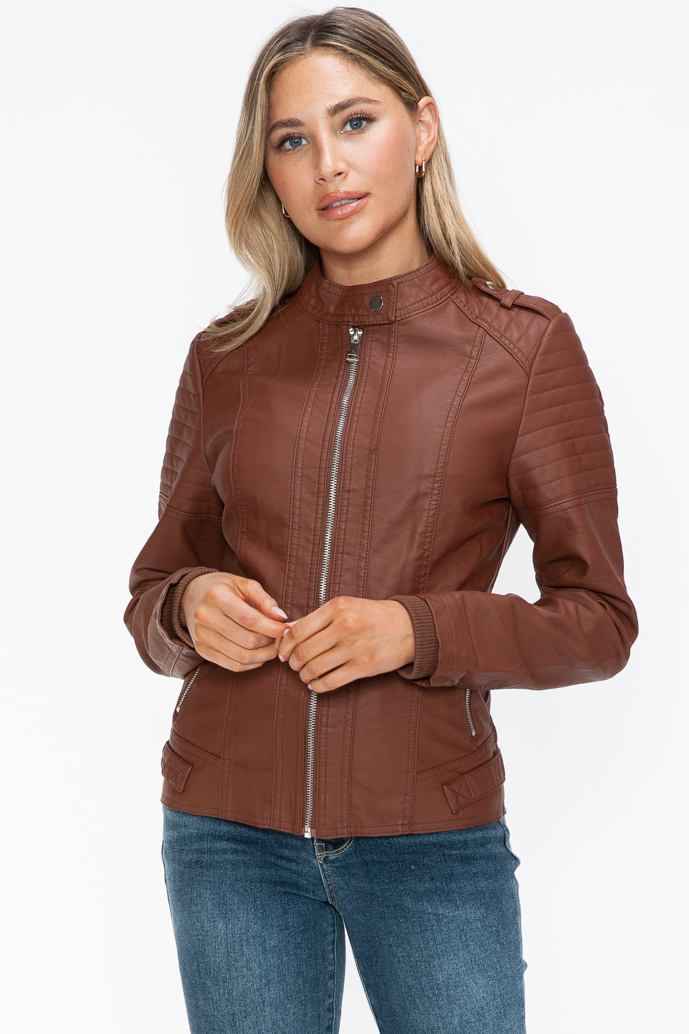 PU Leather Biker Jacket with Side Zip Pockets