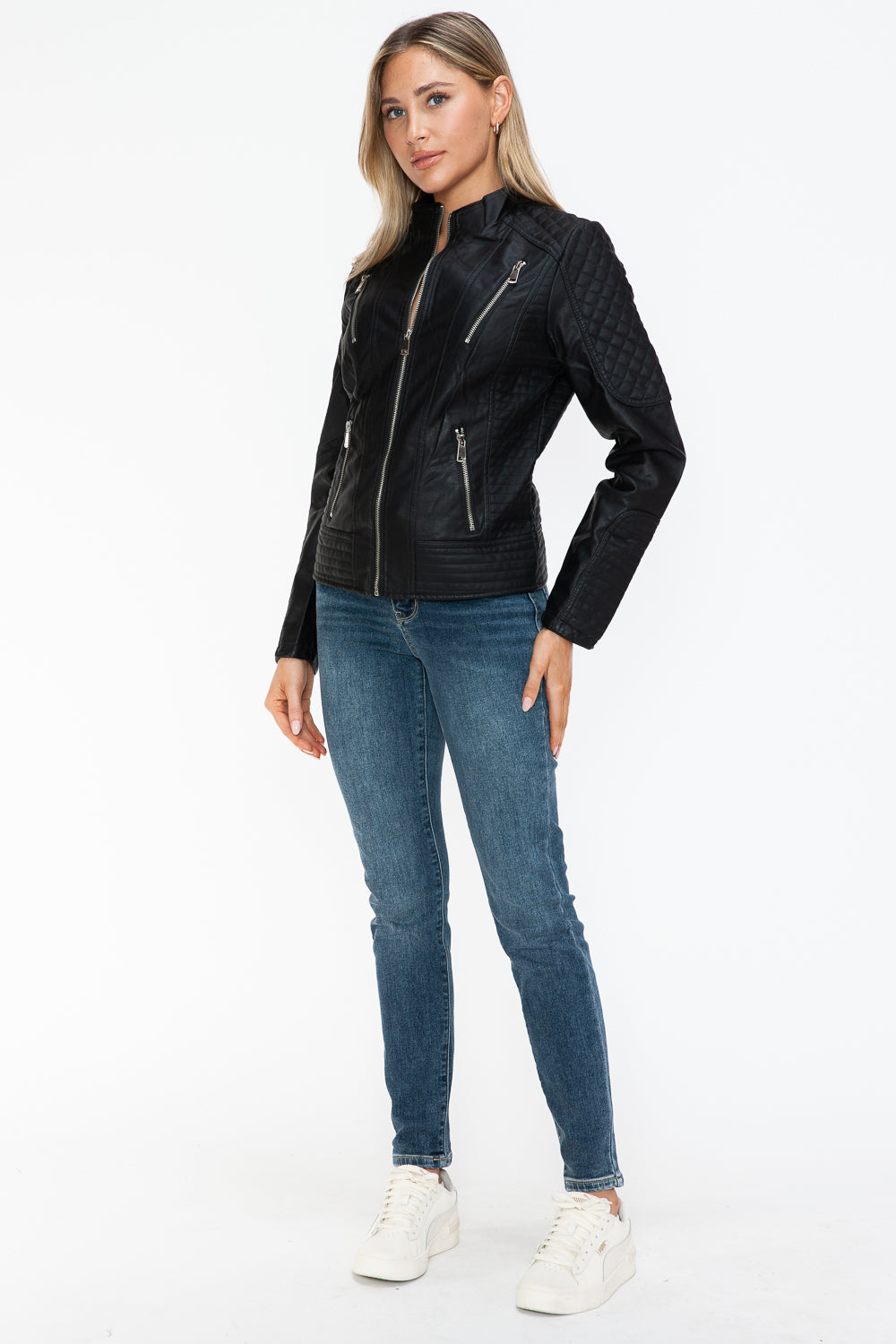 Faux Leather Zip Up Mock Neck Jacket