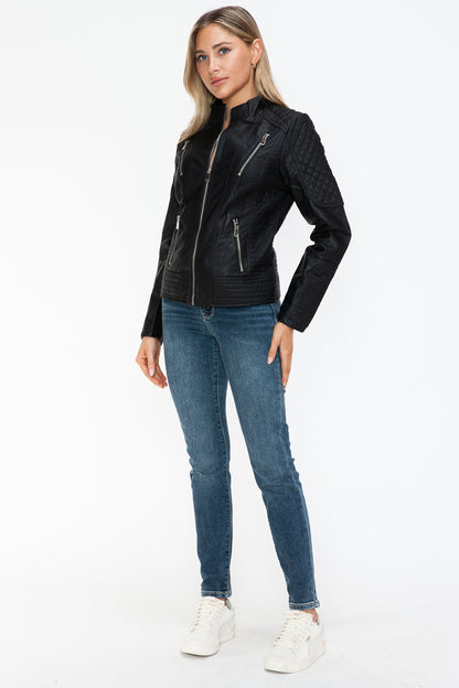 Faux Leather Zip Up Mock Neck Jacket