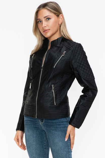 Faux Leather Zip Up Mock Neck Jacket