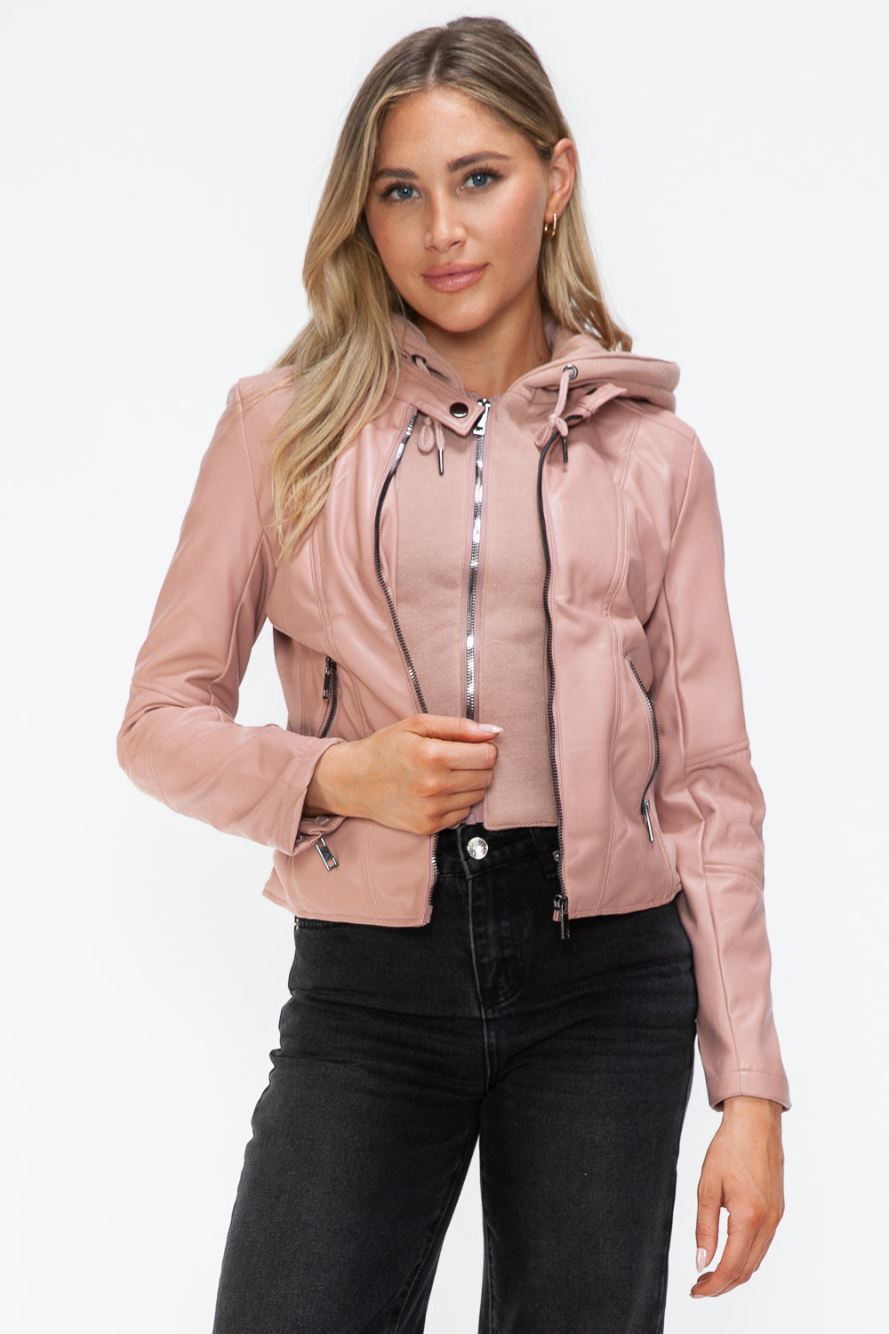 Faux Leather Zip Up Drawstring Hooded Jacket