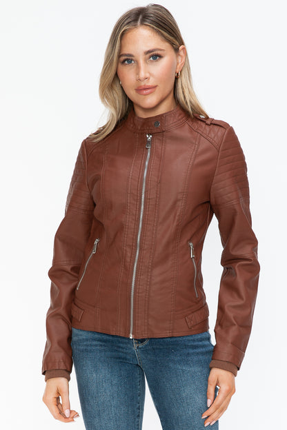 PU Leather Biker Jacket with Side Zip Pockets