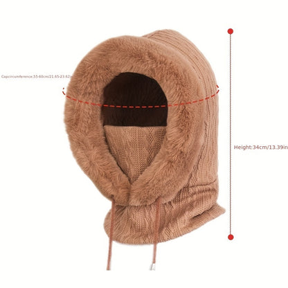 Women's Windproof Winter Hooded Scarf, Ear & Face Protection Plush Hat With Mask, Outdoor Ski Cycling Cap