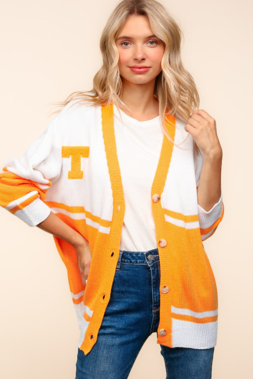 Haptics V Neck Button Down Letter Patch Cardigan