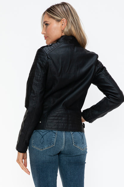 PU Leather Biker Jacket with Side Zip Pockets