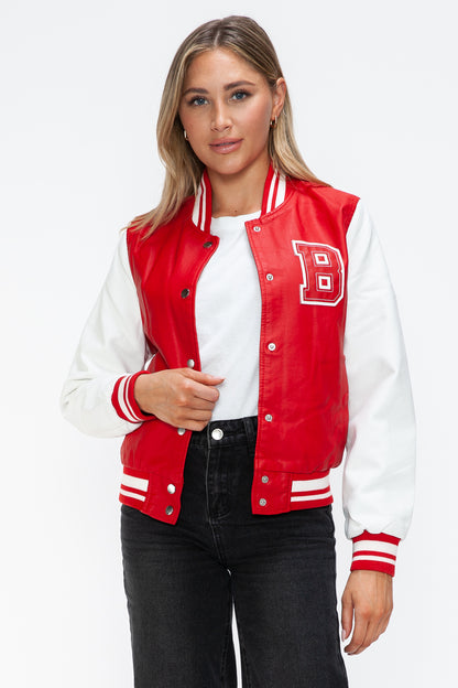 Love Me Now PU Leather Contrast Snap Down Bomber Jacket