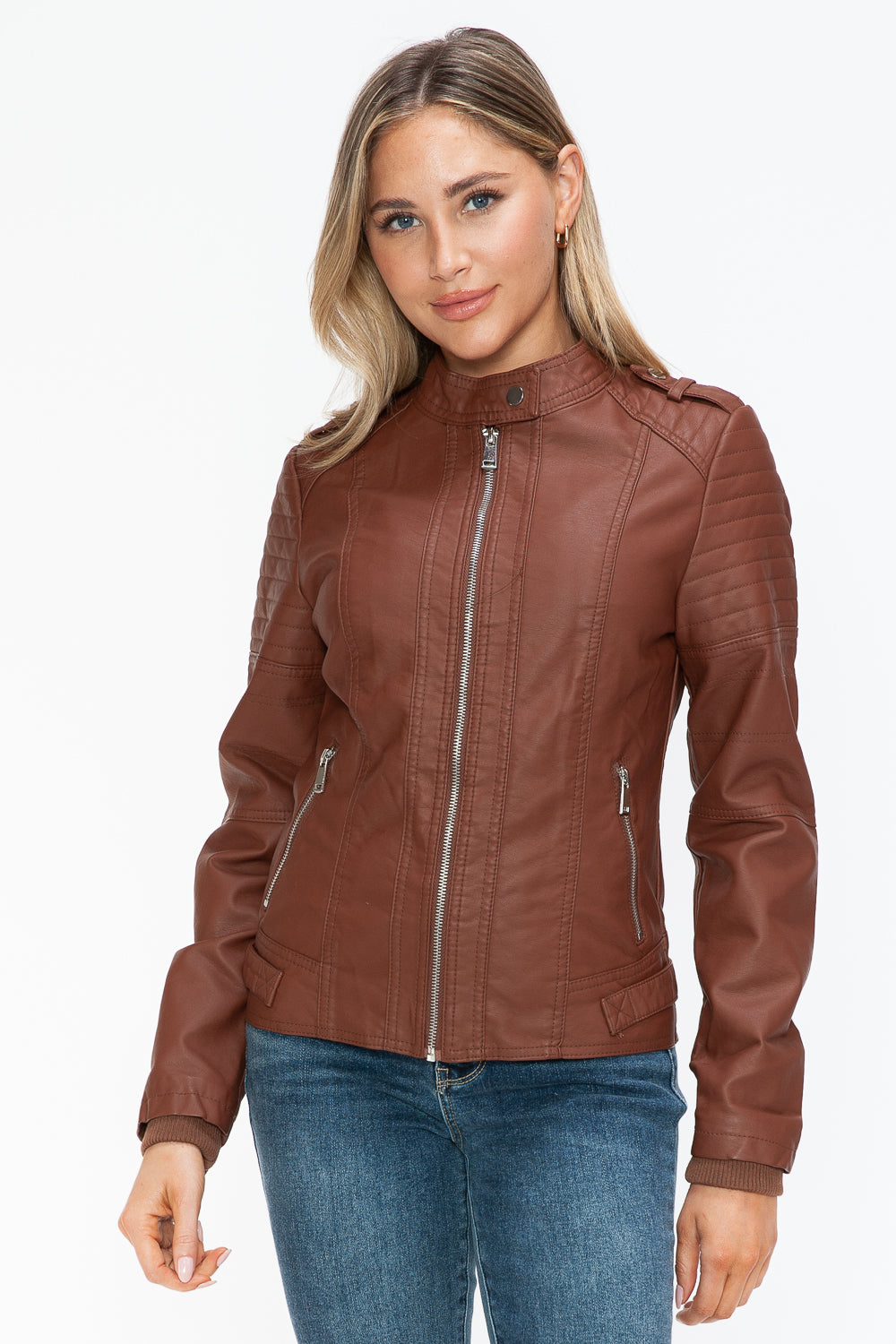 PU Leather Biker Jacket with Side Zip Pockets