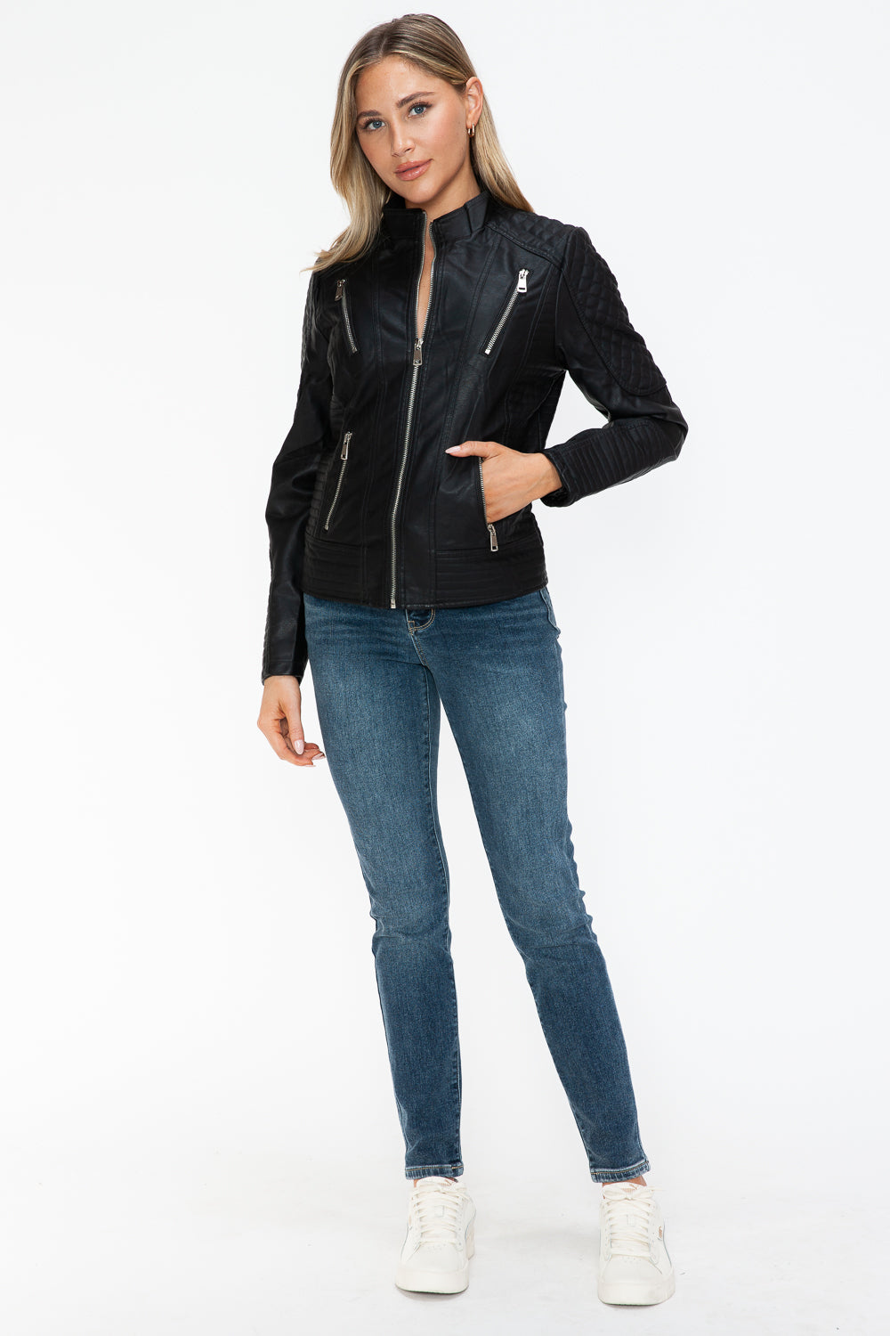 Faux Leather Zip Up Mock Neck Jacket