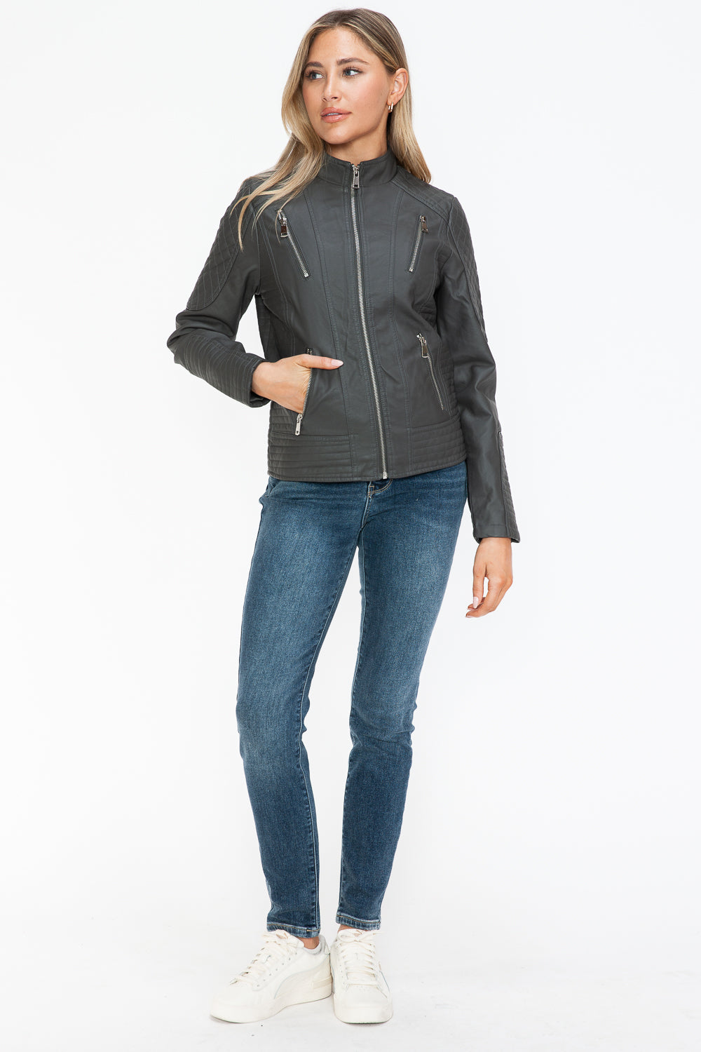 Faux Leather Zip Up Mock Neck Jacket