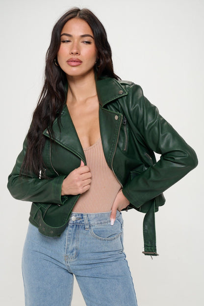 Zip Up Biker 100% Vegan Leather Jacket with Belt