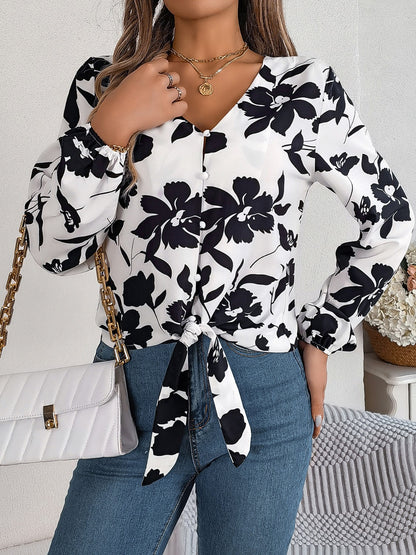 Printed V-Neck Long Sleeve Blouse