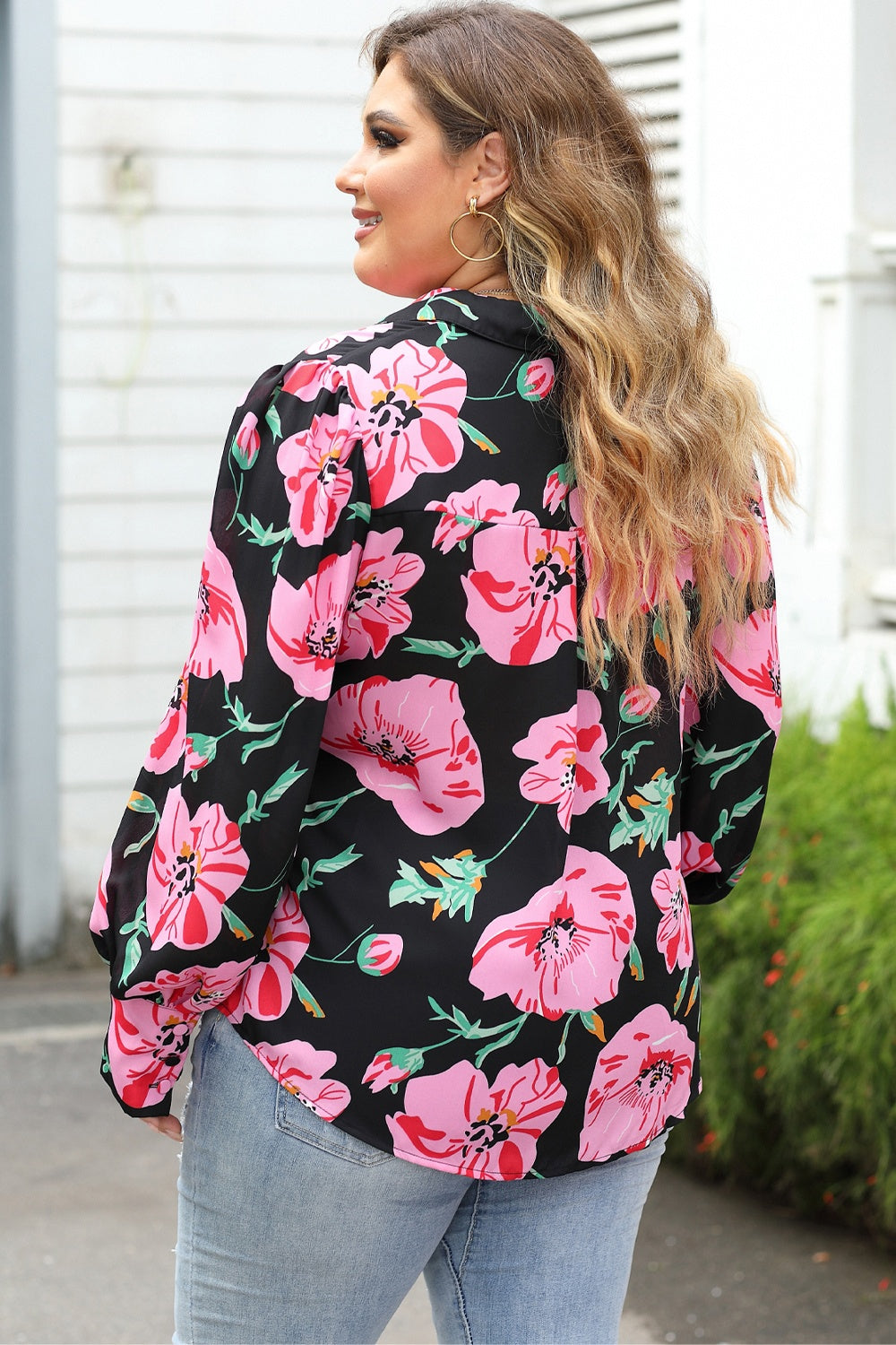 Plus Size Printed Collared Neck Long Sleeve Shirt