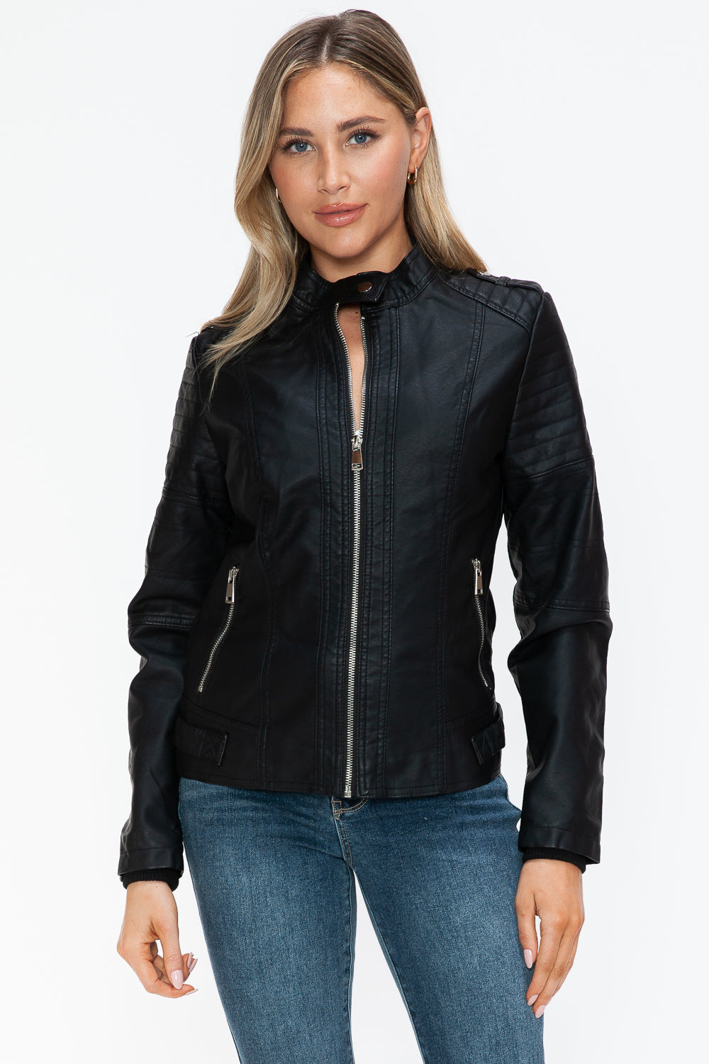 PU Leather Biker Jacket with Side Zip Pockets